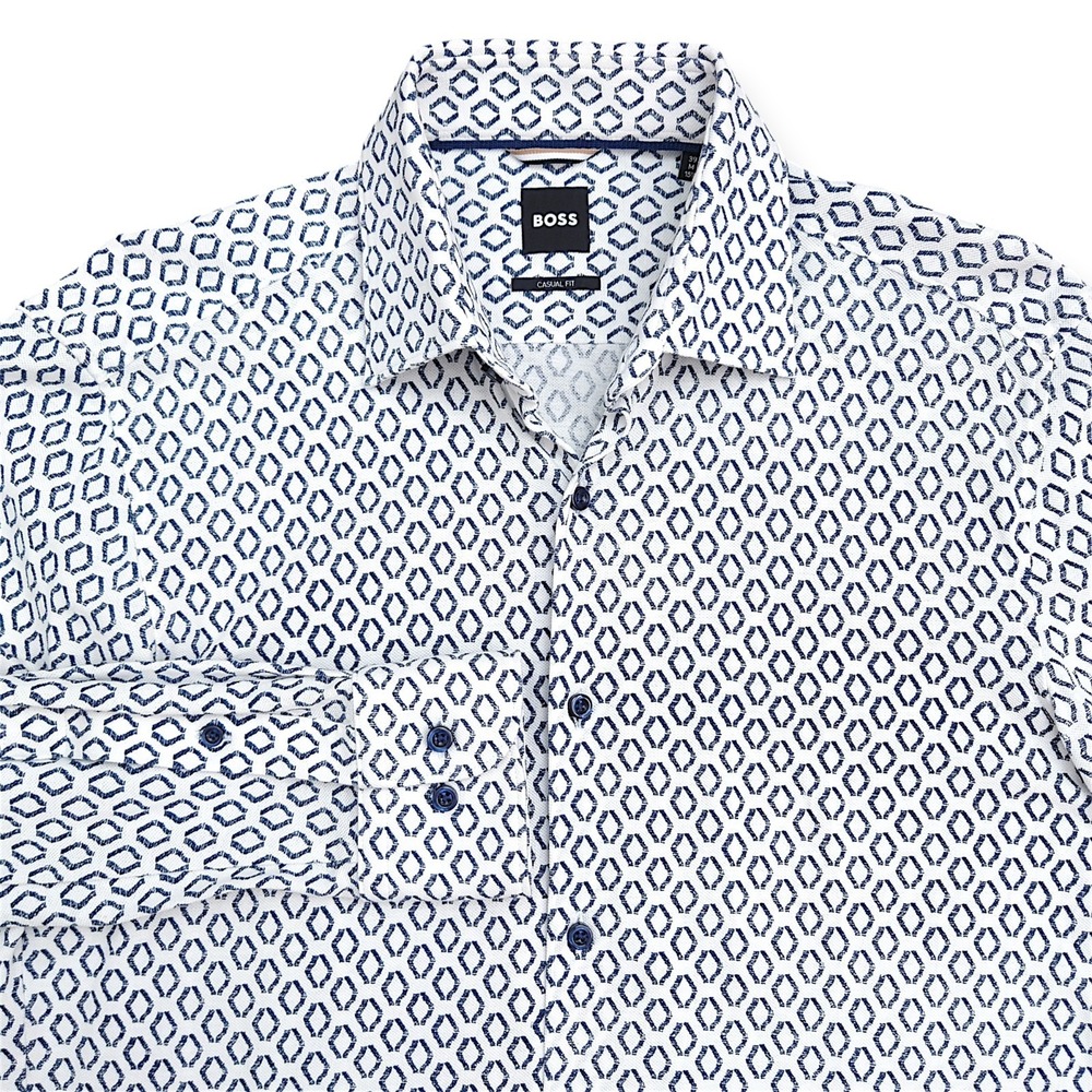 BOSS Hugo Boss Button Up Shirt Mens M 15.5 HAL Kent Casual Fit Knit Jersey White